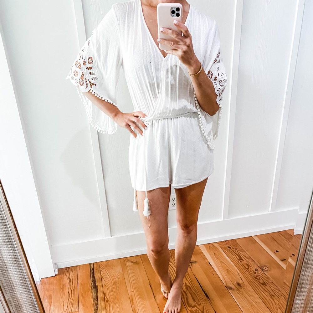 Love stitch white beach cover romper Small